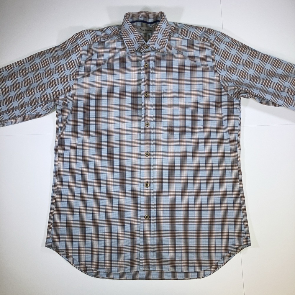 David Donahue Shirt Mens M Blue Brown Patchwork Plaid Button Down Cotton - Picture 3 of 16